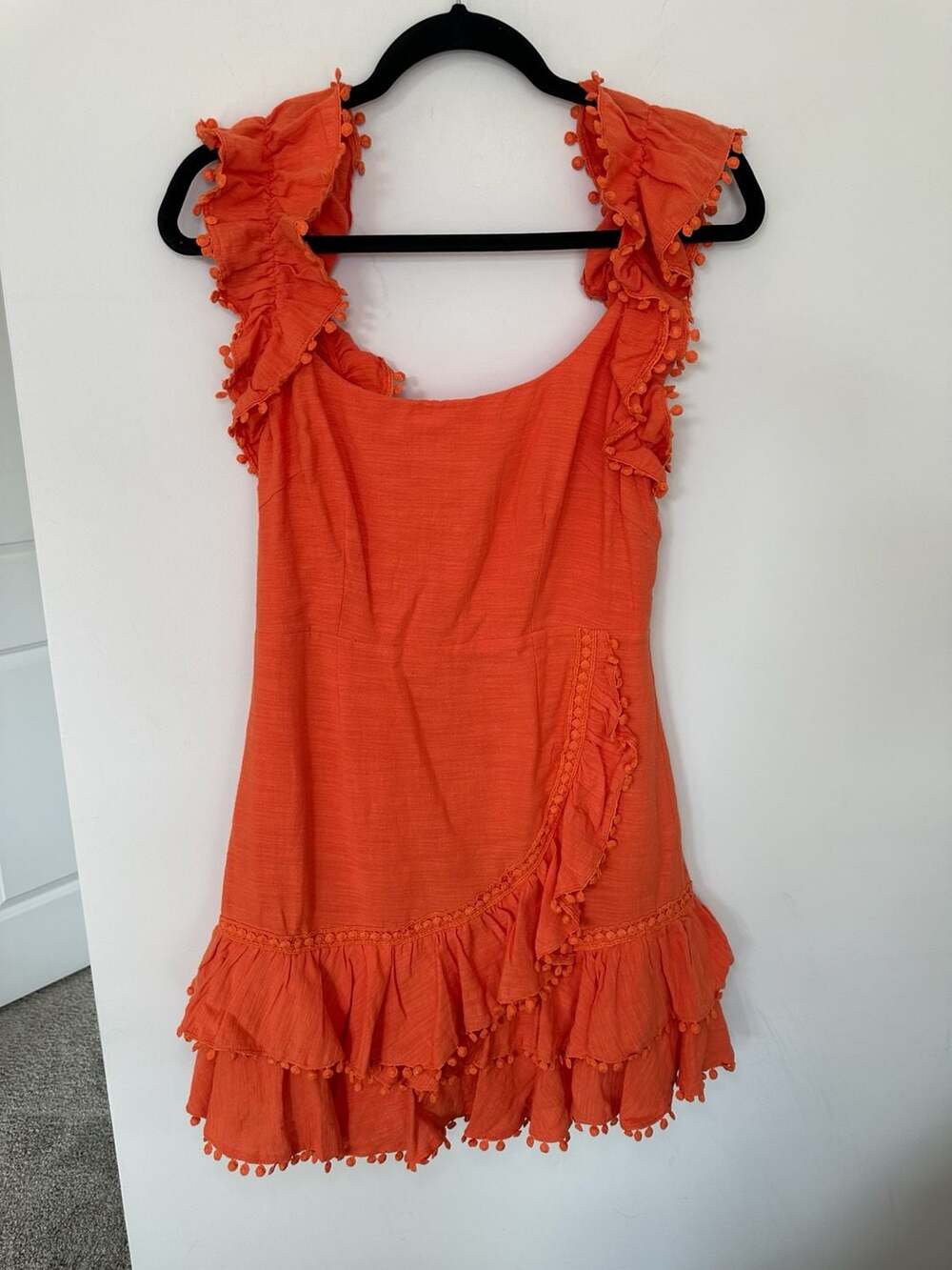 NWT Saints + Secrets 100% Cotton Orange Ruffle Pom-Pom Mini Dress Size M